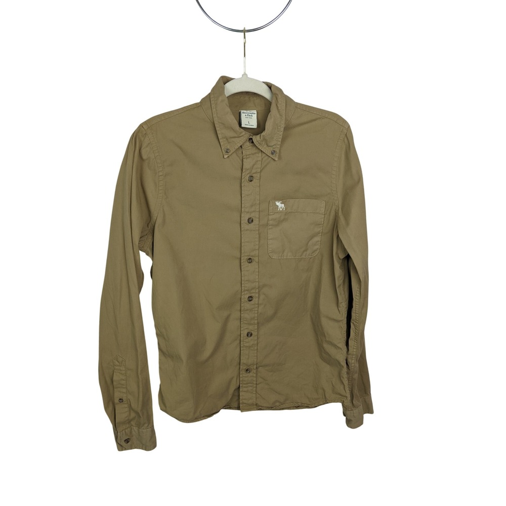 Abercrombie & Fitch Mens Khaki Tan Cotton Twill Button Down Shirt Large Logo